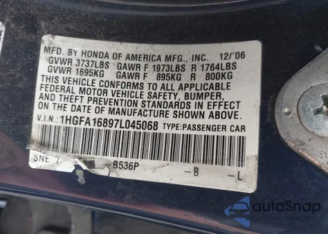 2007 Honda Civic Ex из США, поврежденный, VIN 1HGFA16897L045068